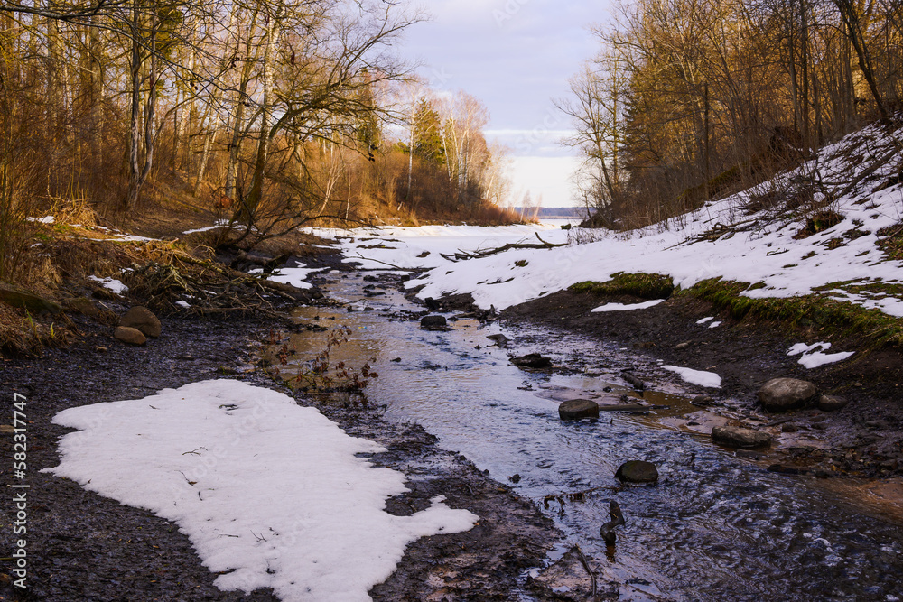 a stream flowing into the Daugava River in the town of Aizkraukle in early spring5 a stream flowing into the Daugava River in the town of Aizkraukle in early spring5