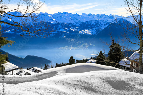 Winter at Rigi mountain ski resort paradise, lake Lucerne, Switzerland