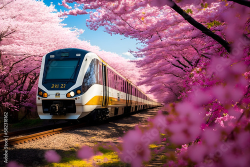 Japanese train travels trought a beautiful tunnel of cherry blossoms - generative ai