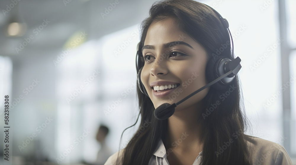 Generative AI - Indian smiling telephonist woman with headphones at a callcenter. Generative AI - Indian smiling telephonist woman with headphones at a callcenter.