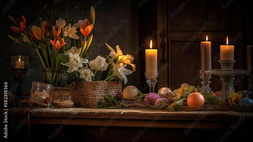 Easter Christian scene with eggs, candles and flowers