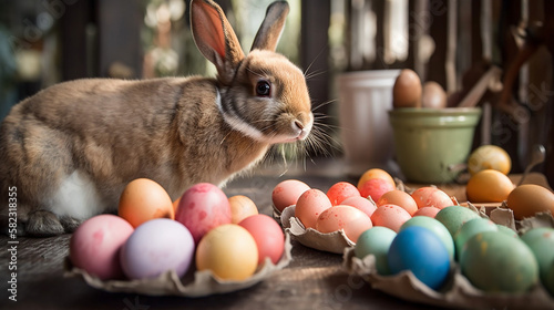 A rabbit on a table looking at some Easter eggs