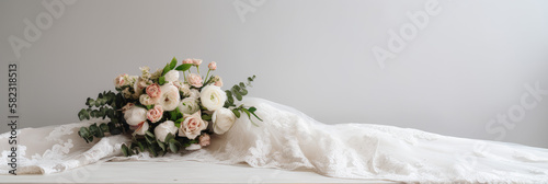 Banner of a wedding dress and bridal flowers bouquet, marriage gown, generative Fototapeta