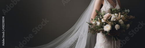 Fototapeta Banner of a wedding dress and bridal flowers bouquet, marriage gown, generative