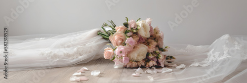 Banner of a wedding dress and bridal flowers bouquet, marriage gown, generative ai illustration on neutral 
background with copy space