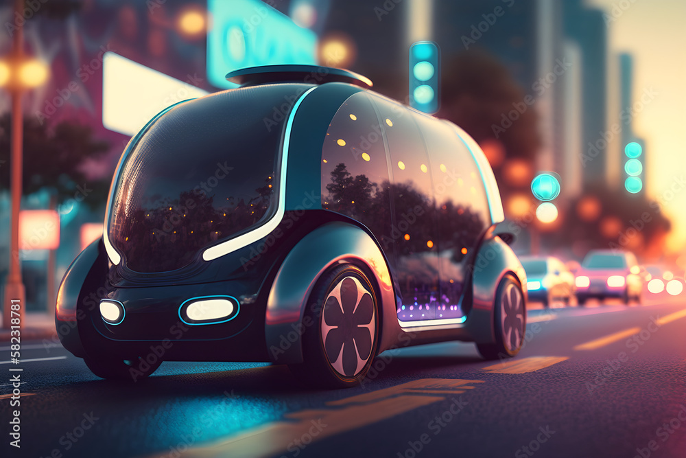 Autonomous futuristic car on a city street, eco-friendly car, futuristic transportation - generative ai