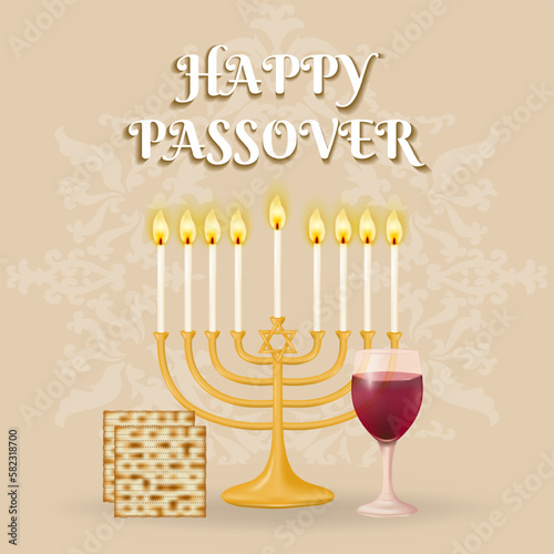 Wishing you a joyous Passover celebration! This festive background showcases the Menorah, Matzah, matzo,and a glass of red wine against a beautifully patterned design. Vector illustration.