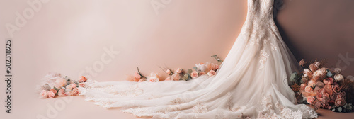 Canvas-taulu Banner of a wedding dress and bridal flowers bouquet, marriage gown, generative