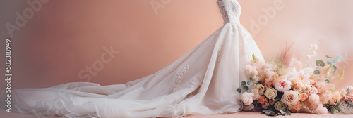Banner of a wedding dress and bridal flowers bouquet, marriage gown, generative ai illustration on neutral soft pink and orange background with copy space
