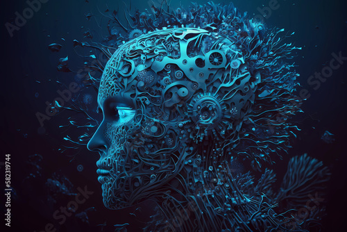 3d artificial intelligence brain on blue background. Artificial engineering, machine learning technics concept. Artificial neural network processing data. AI generative illustration