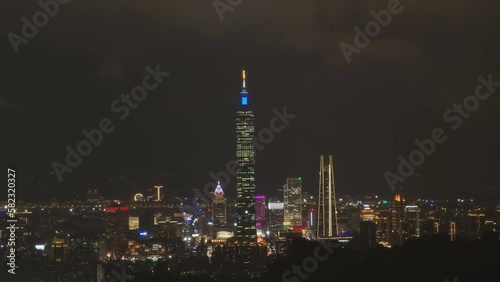 Capital city of Taiwan with view of prominent Taipei 101 Tower and busy street in Xinyi Financial District (aerial photography) photo