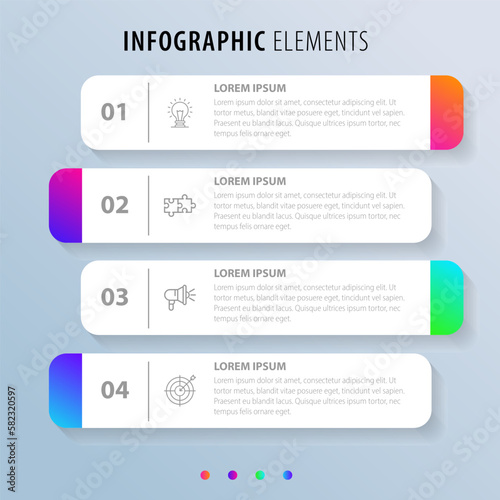 Business Infographics template.Timeline with 4 steps, circles, options and marketing icons. Vector linear infographic elements.