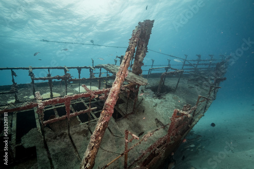 The wreck of the JabJab on the Bridge divesite off the Dutch Caribbean island of Sint Maarten © timsimages.uk