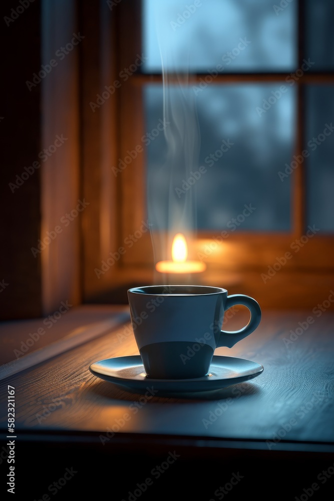 Obraz premium A single cup of coffee or tea sits on a table in front of a window with steam coming from it. It's raining outside. Generative AI.