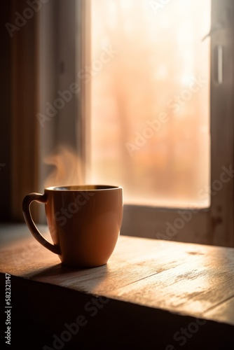 A single cup of coffee or tea sits on a table in front of a window with steam coming from it. It's raining outside. Generative AI.