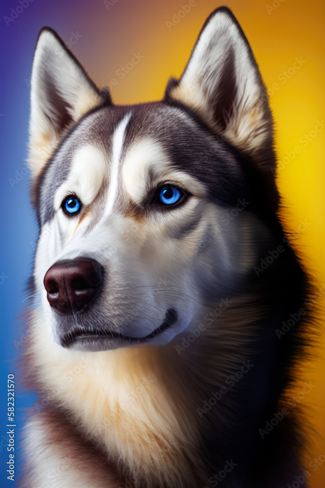 Fototapeta premium Beautiful husky dog on blue yellow coloured background. Studio shot. Photorealistic AI generative illustration.