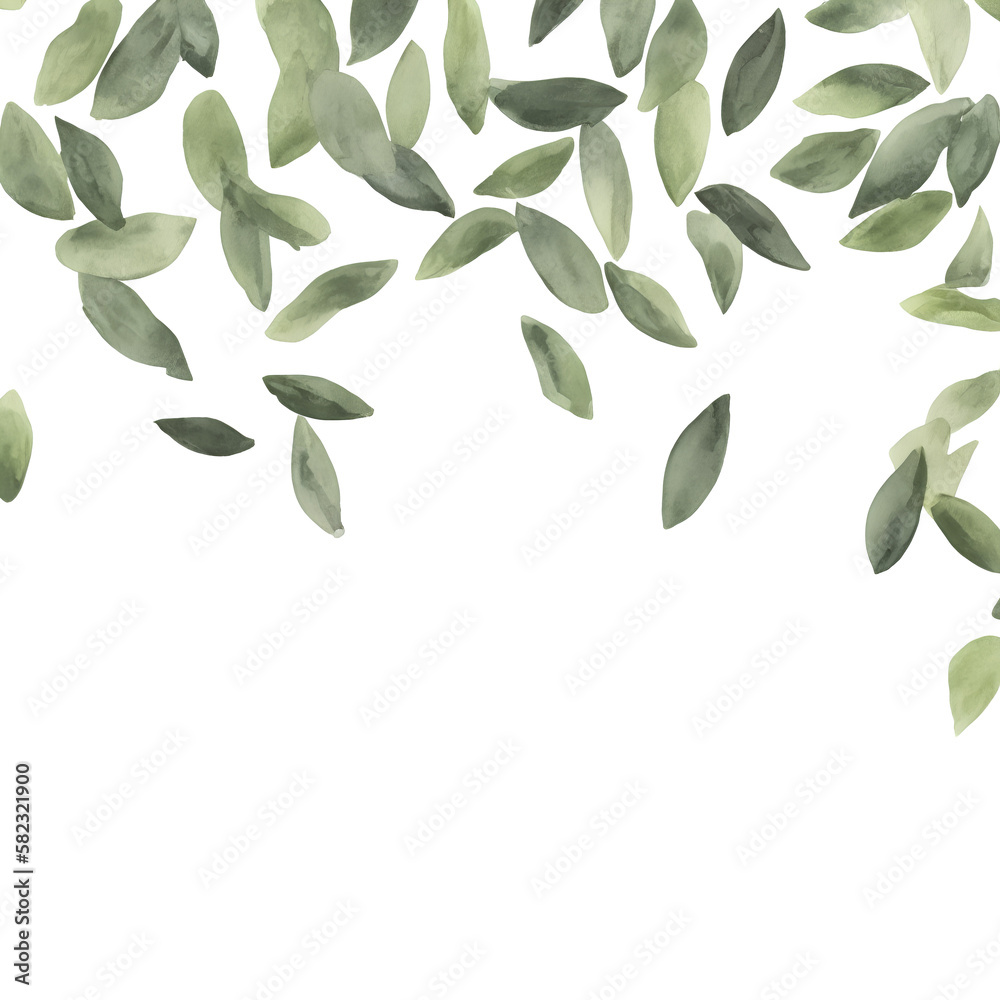 Naklejka premium watercolor gently green leaves on a transparent isolated background, place for your text. generative AI