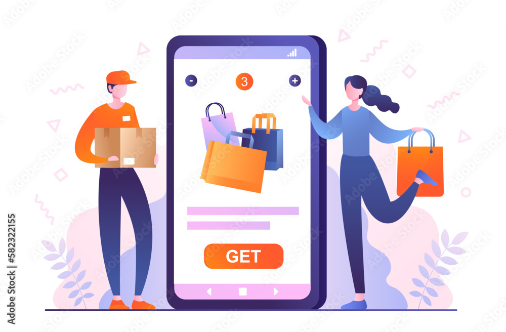 Concept of delivery. Courier holds out box of goods to woman near screen of smartphone. Order in online shopping and electronic commerce. Retail and purchase. Cartoon flat vector illustration
