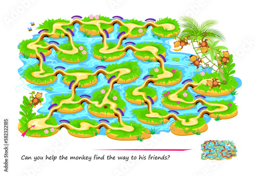Best labyrinths. Can you help the monkey find the way to his friends? Logic puzzle game. Brain teaser book with maze. Educational page for children. Play online. Vector illustration.