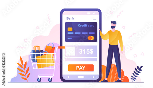 Mobile payments concept. Man stands near smartphone with bank card. Transactions and transfer, financial operation. Electronic wallet and commerce, online shopping. Cartoon flat vector illustration