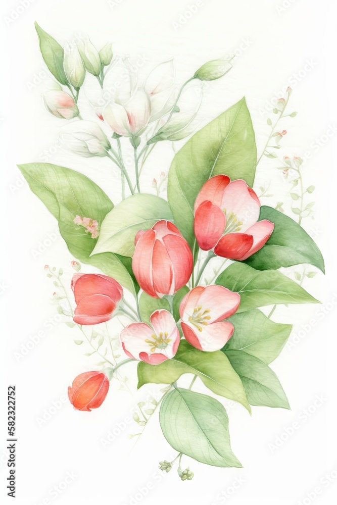 A digital watercolor botanical illustration of tulips on a plain white background. Generative AI A digital watercolor botanical illustration of tulips on a plain white background. Generative AI