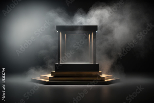 Realistic 3D podium with smoke and dark color for product display. Created with Generative AI Technology	