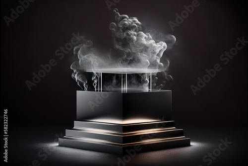 Realistic 3D podium with smoke and dark color for product display. Created with Generative AI Technology 