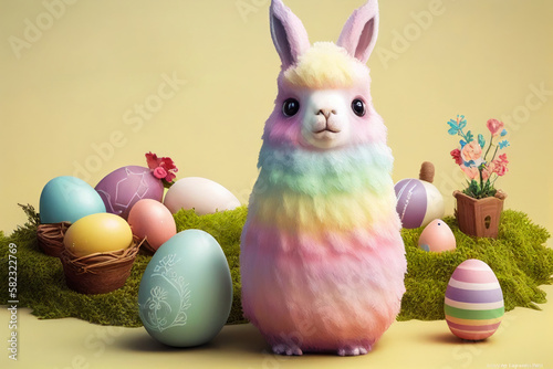 Little llama with easter, Happy easter day, Generative AI
