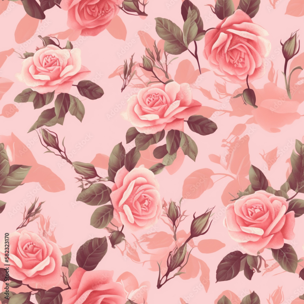 Seamless pattern with large roses on pink background. Generative ai