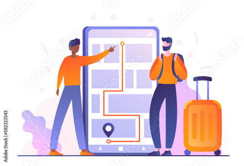 Traveling with colleagues. Men with backpack and suitcase near smartphone screen. Tourists on vacation look at route on map. Navigation and geolocation, GPS. Cartoon flat vector illustration