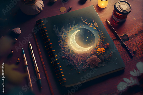 Crystal healing and crescent moon magic: dream journal, soy wax candle, pen, and spa stones on dark paper - Generative Ai