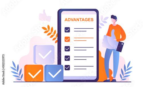 Done advantages concept. Man holds his thumb up next to smartphone. Social network endorsement, popular personality. Achieving goals and successful employee. Cartoon flat vector illustration