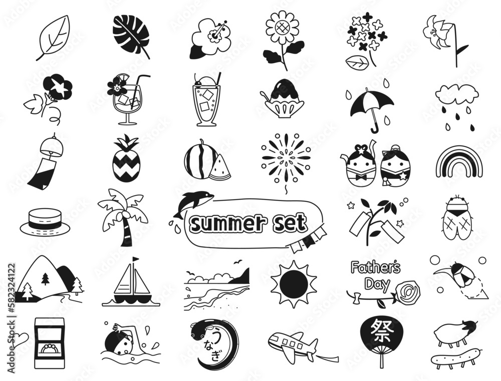 海や向日葵・アジサイなどの初夏から夏の行事や植物をイメージしたイラストのセット　モノクロバージョン