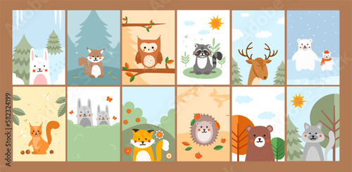 Animals banners set. Collection of posters with forest and arctic dwellers. Rabbit, owl, fox, squirrel and polar bears. Wolf and deer. Cartoon flat vector illustrations isolated on brown background