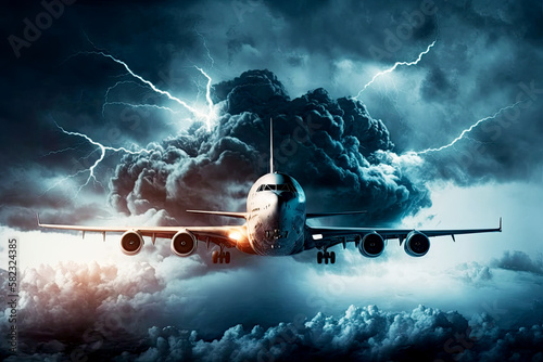Passenger airplane flies up in sky with thunderous clouds, Generative AI