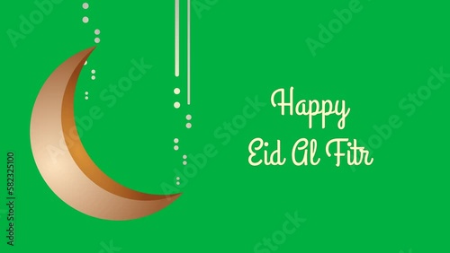 Happy Eid Al Fitr 1444H 2023 M simple animation with crescent moon, raindrop and text, on green screen background. photo