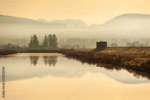 Scenic Sunrise On A Wetland In The Skagit Valley. North Cascade Mountains are reflected in the calm waters of this nature reserve found in the Pacific Northwest. Fir Island Farms Reserve Unit.
