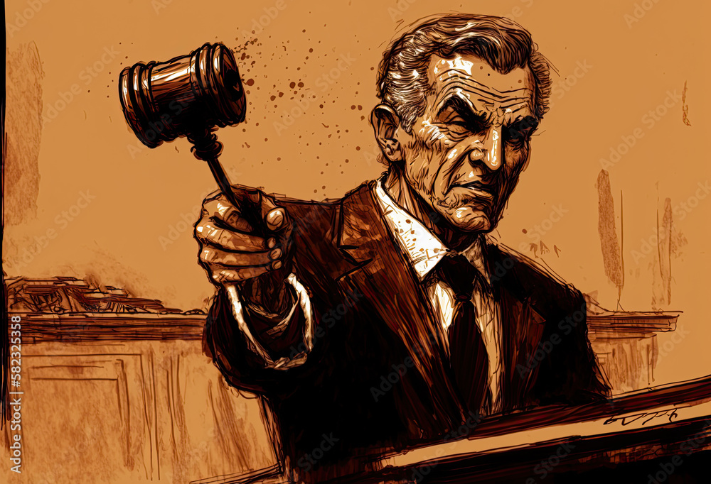 Judge pointing gavel, courtroom sketch. Generative AI Stock