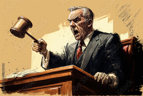 Angry judge waving gavel, courtroom sketch. Generative AI photo