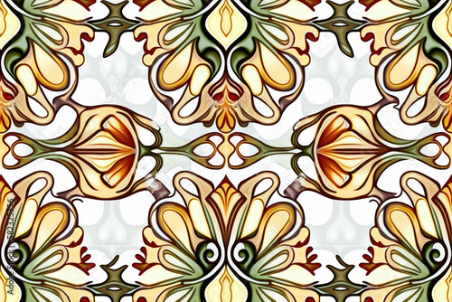 Seamless pattern in art nouveau style in brown and green on a white background.. Generative AI.