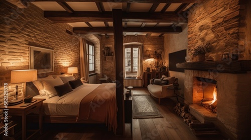 A rustic bedroom with brick walls  wooden beams and a fireplace. Generative AI illustration.