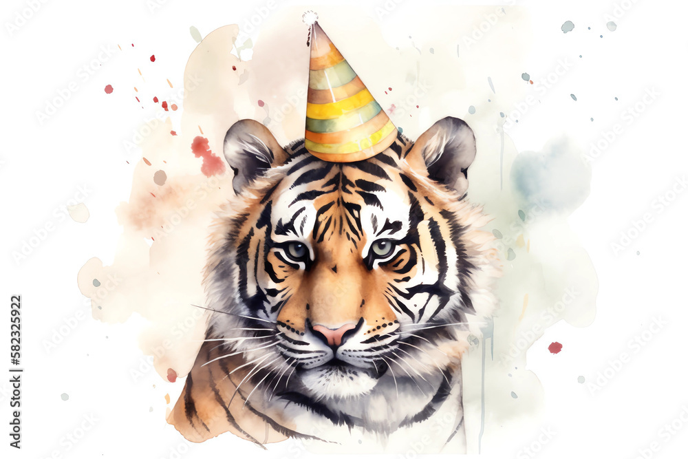 tiger wearing a birthday party hat
