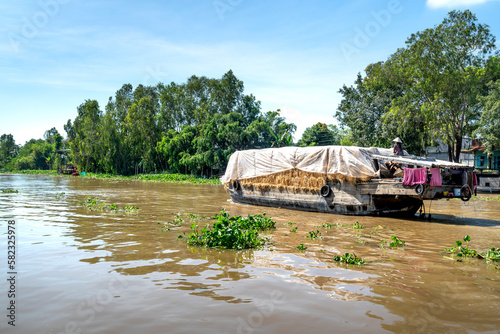 Harvested straw is transported by large boat to store in Dong Thap Province, Vietnam