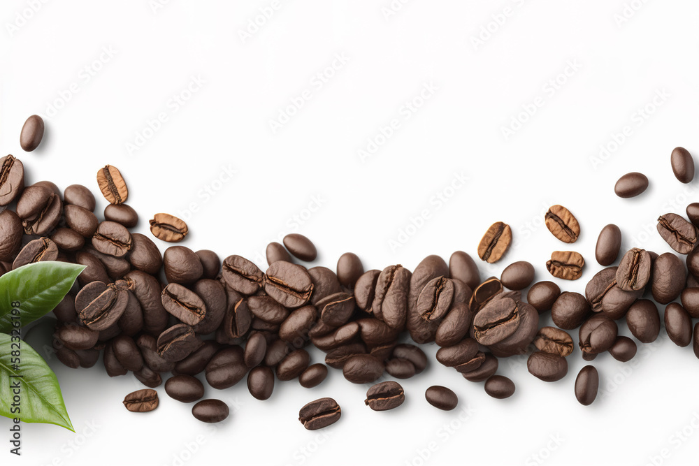 Naklejka premium Roasted coffee beans on white background with copy space. Created with Generative AI Technology