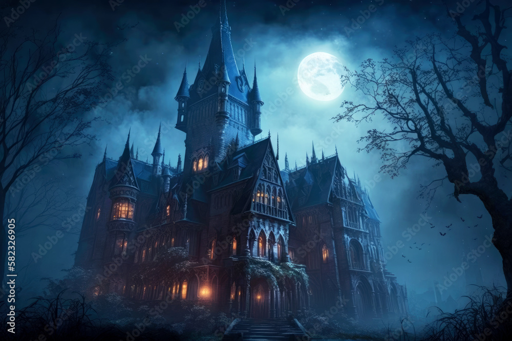 Spooky old gothic castle, foggy night, haunted mansion, Generative AI