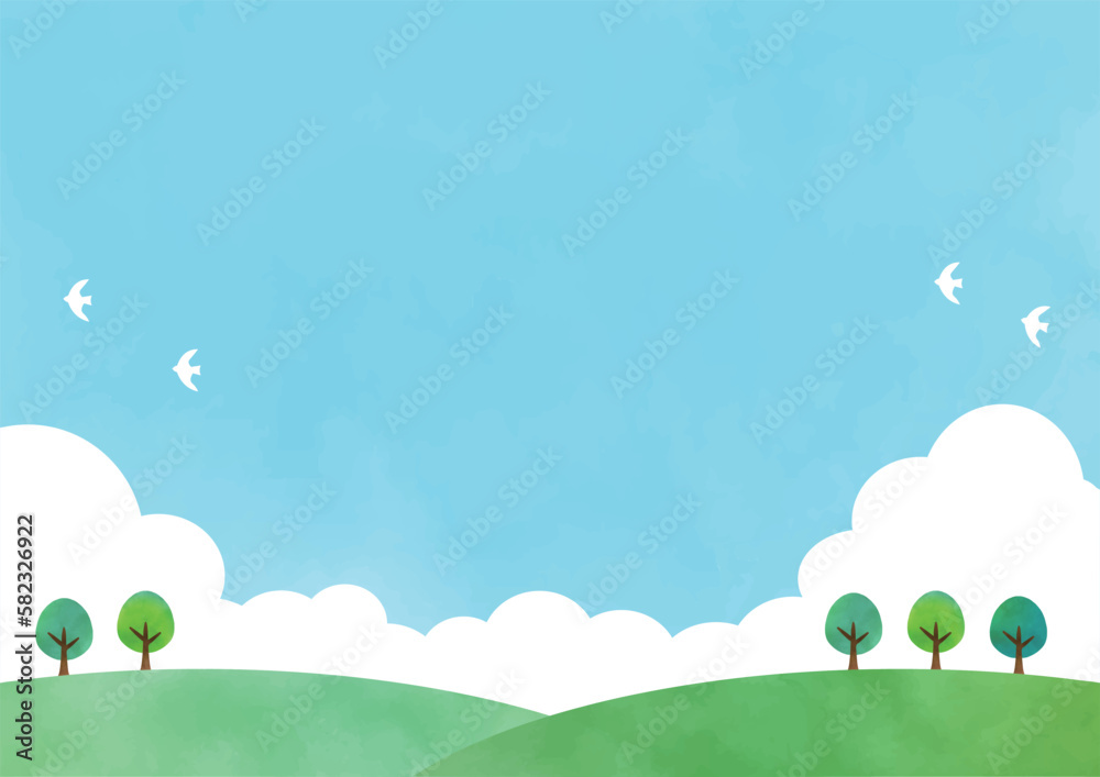 Lush green nature landscape background illustration with rolling scenery
