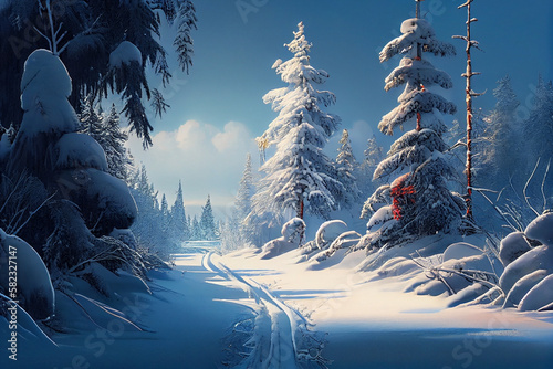 Snowy countryside and forest in winter, Panorama of beautiful winter park - generative ai