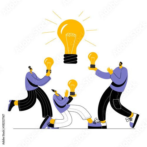A group of people in casual clothing is holding a large idea. Vector illustration on the topic of brainstorming and collaboration.