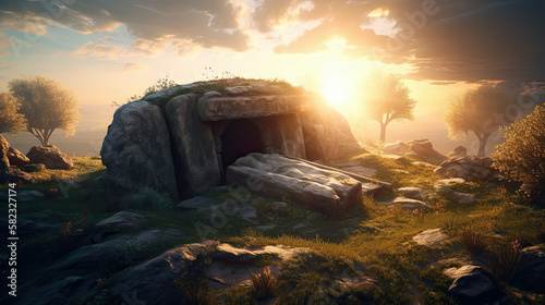 Illustration of an empty tomb, in allusion to the resurrection of Jesus Christ.