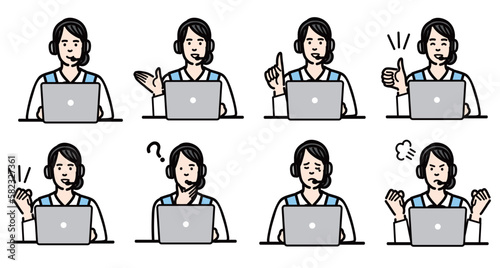 ラップトップの前に座っているオペレーターの若い女性のジェスチャーのセット

